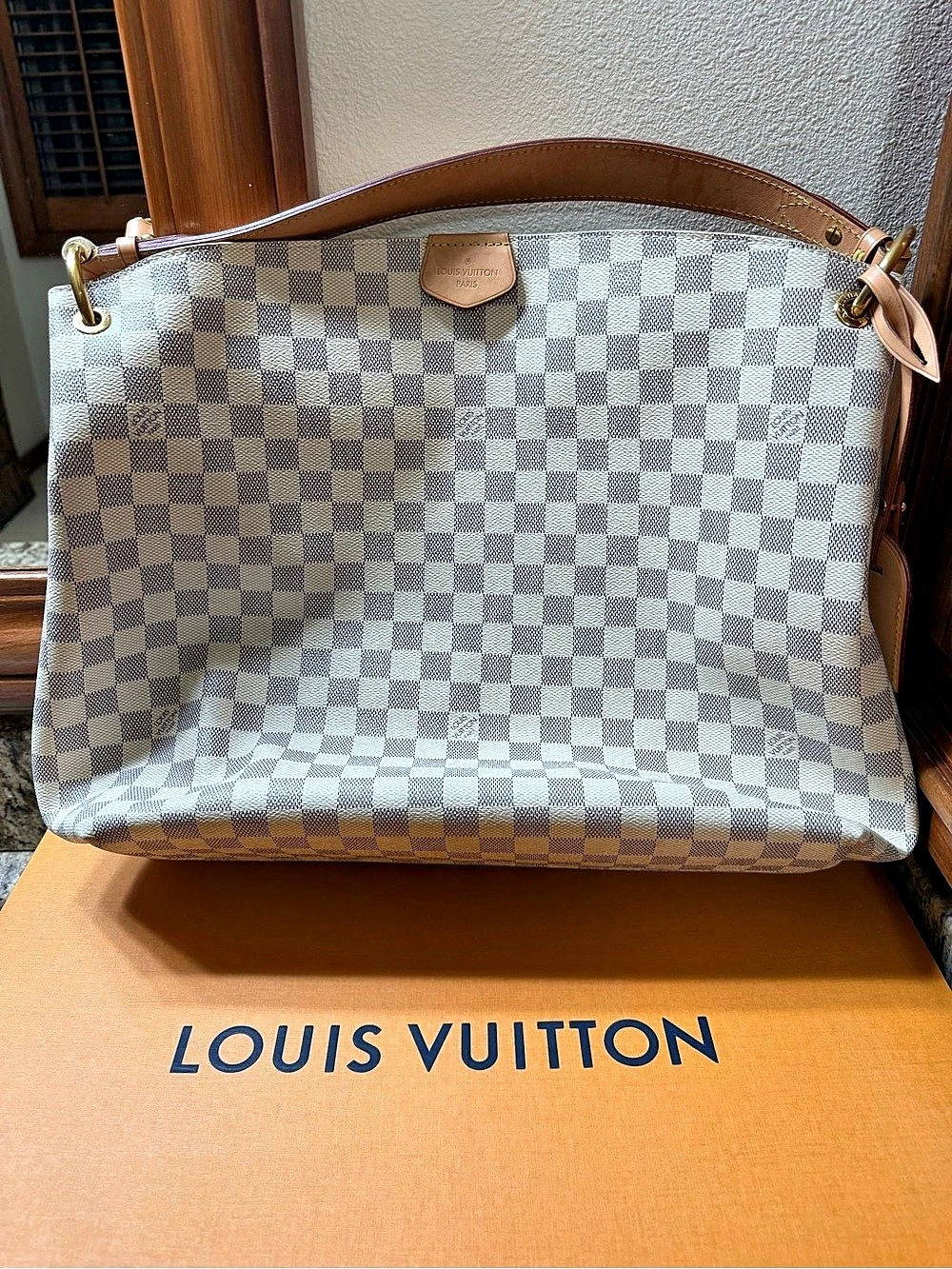 Louis Vuitton Graceful MM Checkered Shoulder Bag in White & Brown Like New